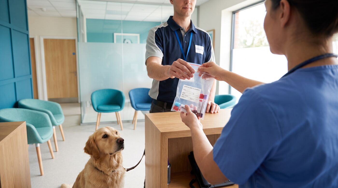 Veterinary nurse handing a pathology sample bag to a courier at a Perth vet clinic front desk