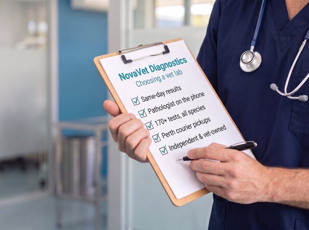 Vet ticking a NovaVet Diagnostics checklist: same-day results, pathologist on the phone, 170+ tests, Perth courier pickups, independent and vet-owned
